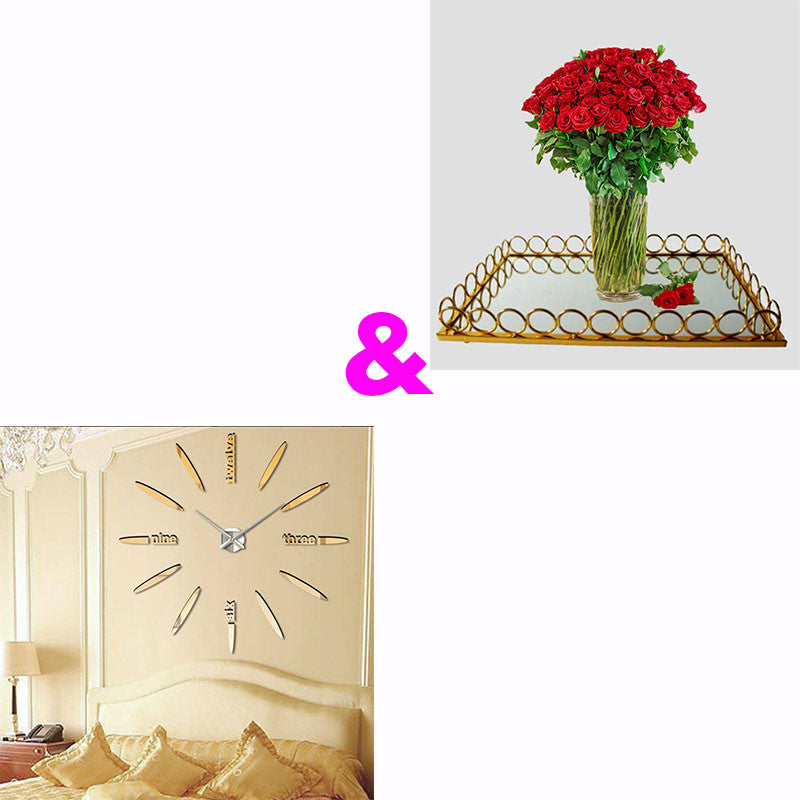 3D DIY Mirror Gold Surface Wall Clock Plus Gold Mirror Tray Large Size