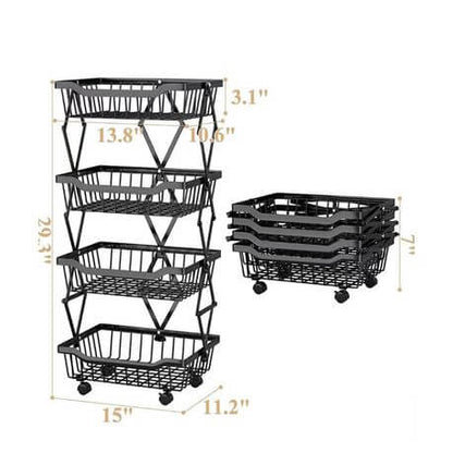 4 Tier Carbon Steel Kitchen Storage Collapsible Basket Rolling Cart