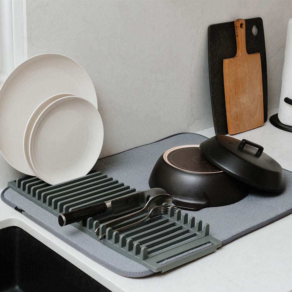 Space-Saving Large Charcoal Dish Rack/Microfiber Drying Mat - Discount Dealz