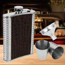 Stainless Steel Hip Flask with Leather Effect 4 Shot Glass and Funnel
